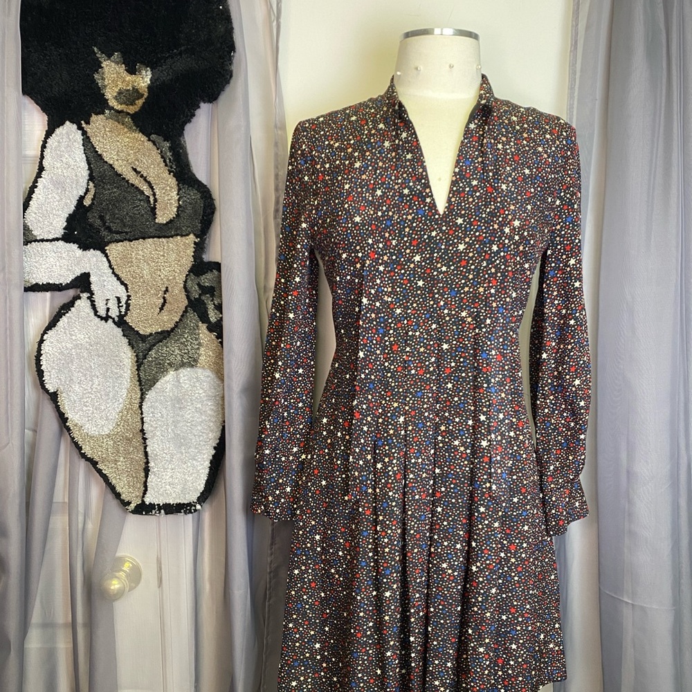 Madewell Star Print Mini Dress Black Red Long Sleeve Pleated Size 2